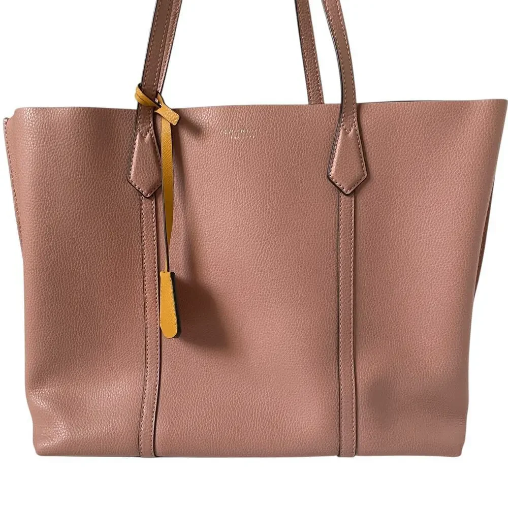 Tory Burch Perry 3 Compartment Tote Bag OS Blush Pink Pebbled Leather Laptop Zip